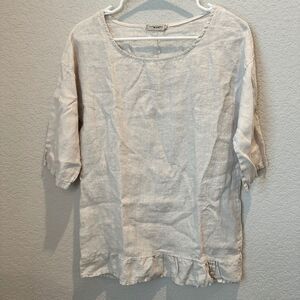 Lungo L’arno Tan 100% Linen Ruffle Hem Made in Italy Blouse - Size S - EUC